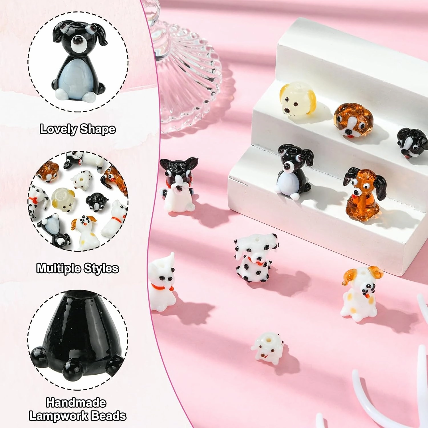 LiQunSweet 10 pcs 10 Styles Lovely Dog Theme Lampwork Beads Pet Animals Glass Beads for DIY Jewelry Making Bracelet Necklace Earring Crafts Bag Keychian Decor