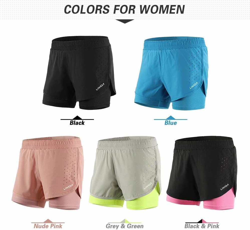 Lixada Women's Running Shorts 2-in-1 Double Layer Elastic Waistband Workout Fitness Active Yoga Jogging Athletic