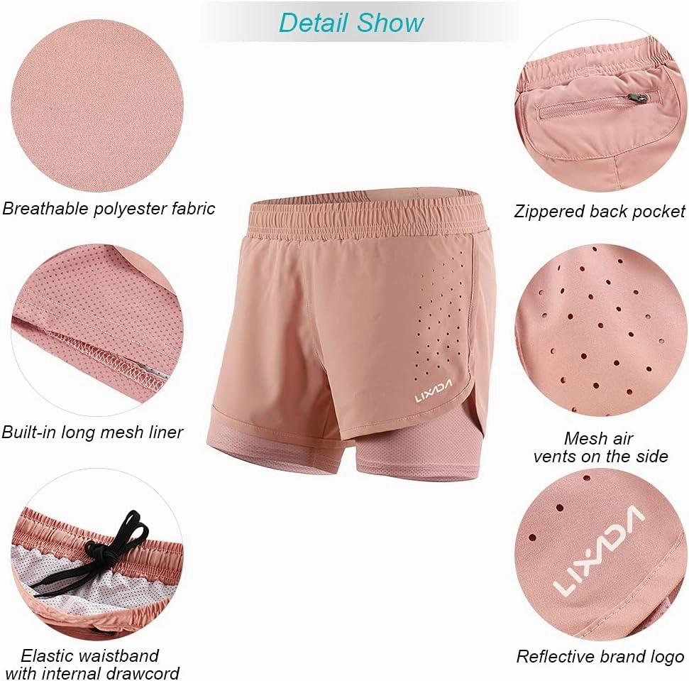 Lixada Women's Running Shorts 2-in-1 Double Layer Elastic Waistband Workout Fitness Active Yoga Jogging Athletic