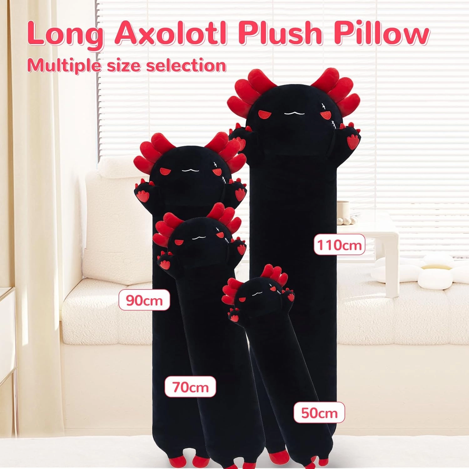 Long Axolotl Plush Toy Body Pillow, 43” Cute Axolotl Stuffed Animals Kawaii Soft Plushies, Axolotl Plush Doll Gift for Girls Boys, Black