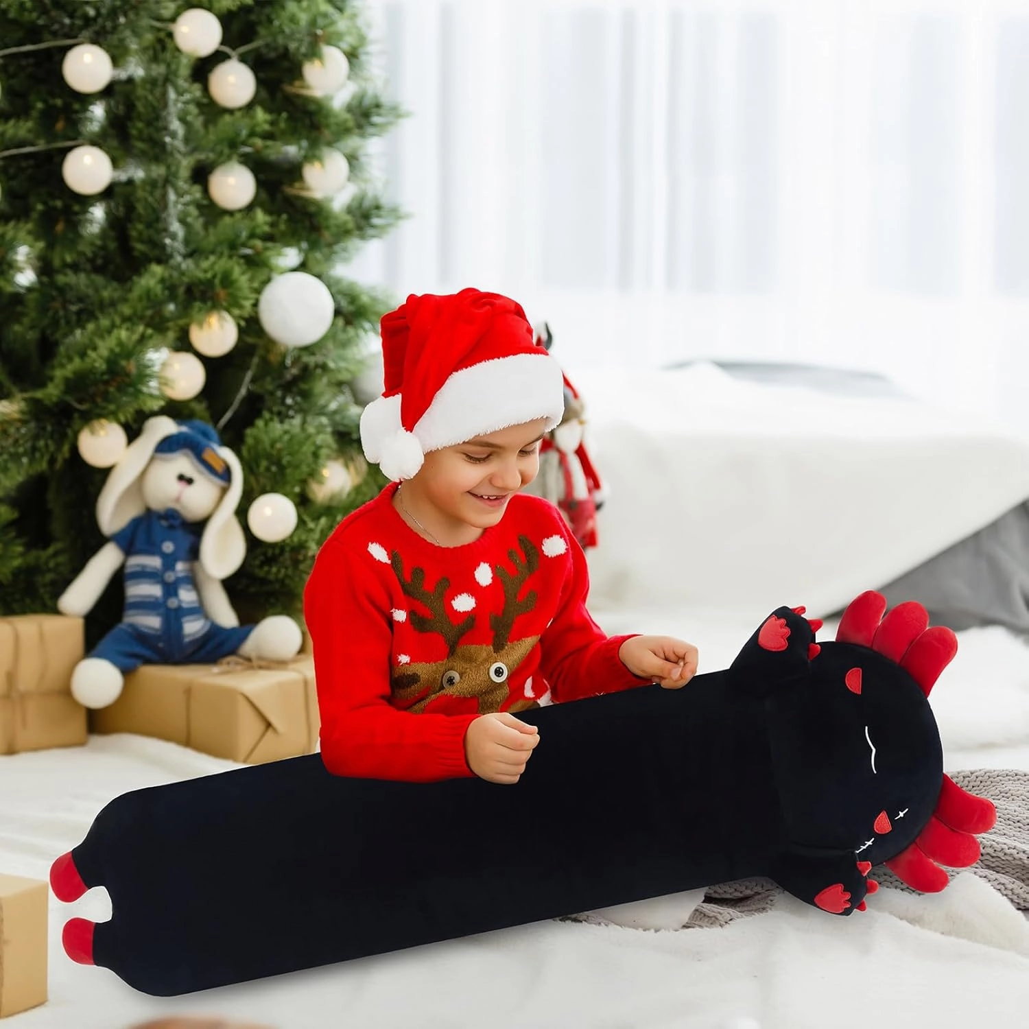 Long Axolotl Plush Toy Body Pillow, 43” Cute Axolotl Stuffed Animals Kawaii Soft Plushies, Axolotl Plush Doll Gift for Girls Boys, Black