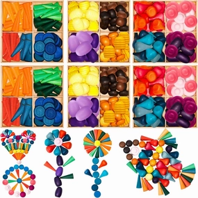 Loose Parts Play Materials Set Wooden Mandala Toys Kit Wood Sensory Play Toys 27 Rainbow Color 7 Shapes Loose Parts for Teens Students Early Learning Materials (81)