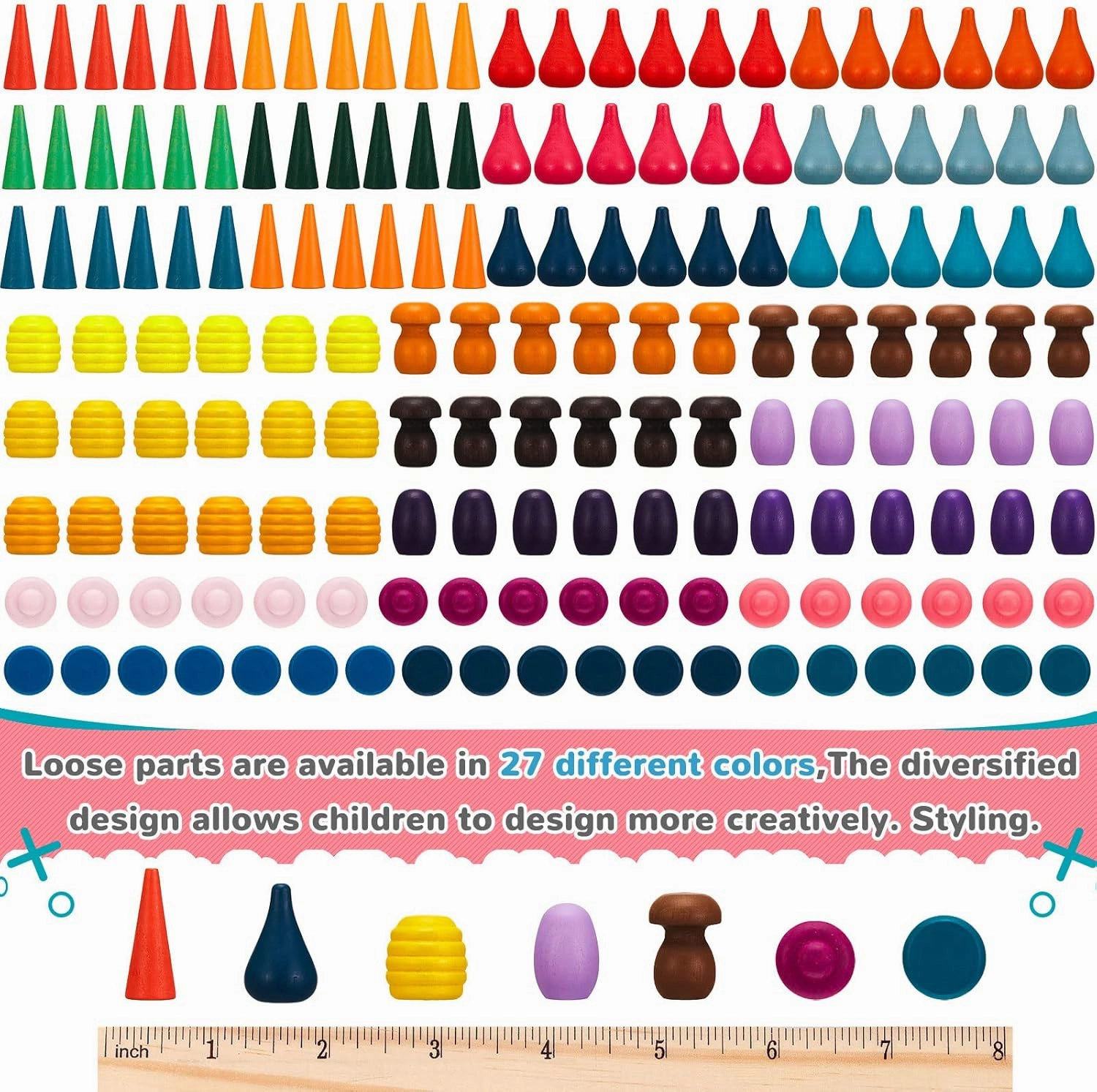 Loose Parts Play Materials Set Wooden Mandala Toys Kit Wood Sensory Play Toys 27 Rainbow Color 7 Shapes Loose Parts for Teens Students Early Learning Materials (81)