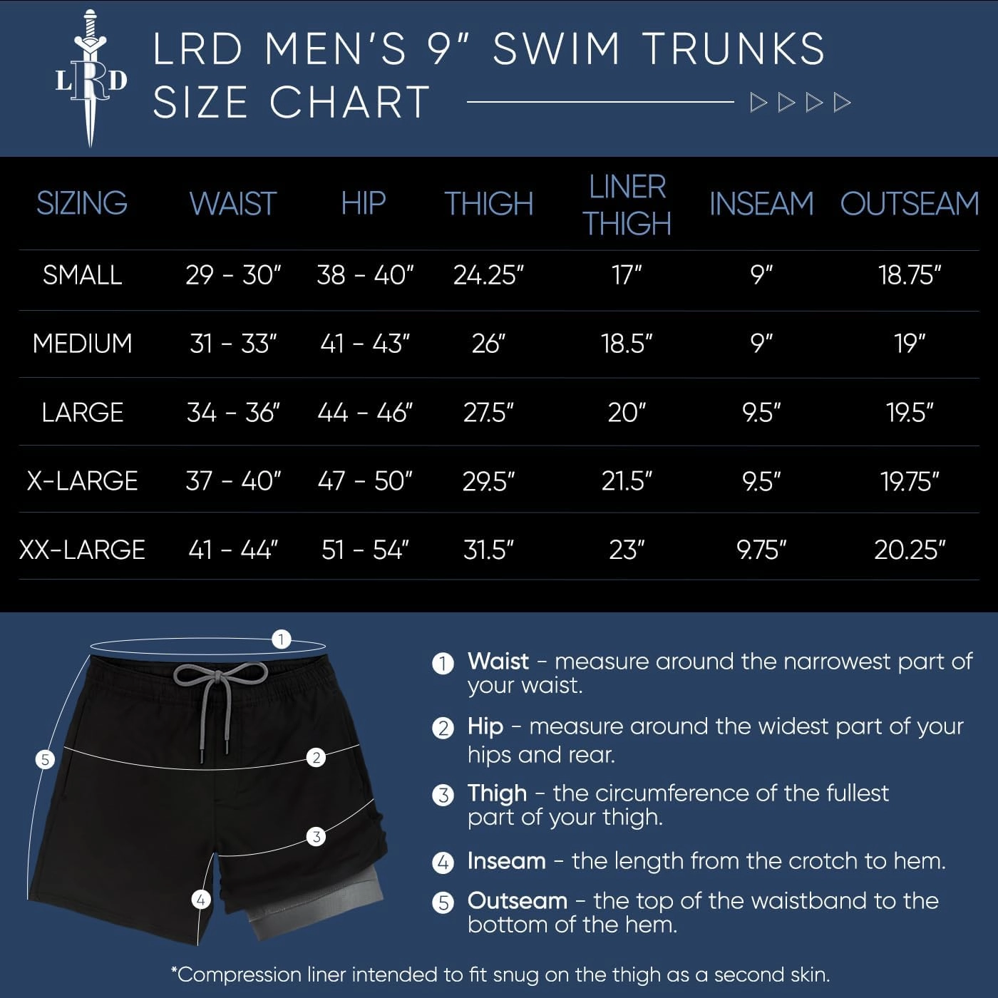 LRD Men's Swim Trunks with Compression Liner 9 Inch Inseam Quick Dry Board Short