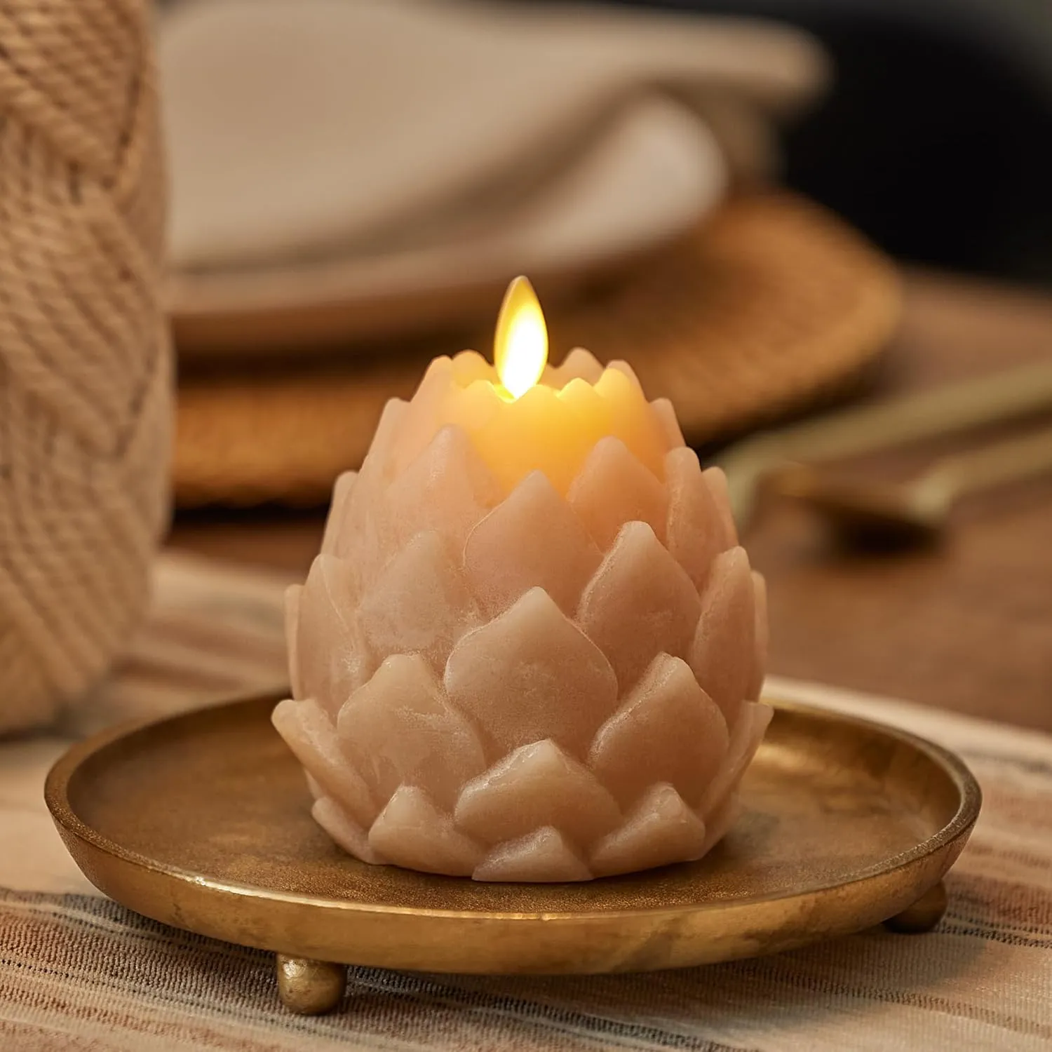 Luminara Chalky Artichoke Flameless LED Candle, Baked Clay, 3.6" x 4.25", Battery Operated, Moving Flame, Indoor Decor, Timer Function, Unscented