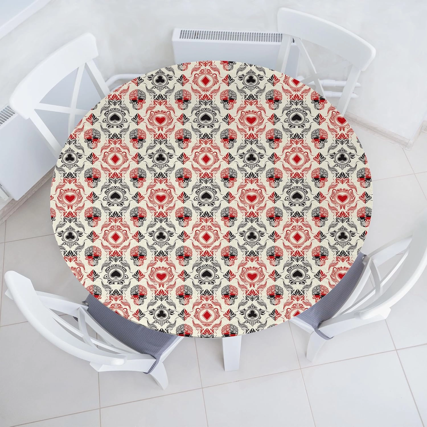 Lunarable Skull Fitted Round Tablecloth, Playing Card Themed Skeleton Head Ace of Spades Diamonds Hearts Victorian, All Around Elastic Fabric Table Cover, 36"- 40" Diameter, Vermilion Black Cream
