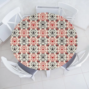 Lunarable Skull Fitted Round Tablecloth, Playing Card Themed Skeleton Head Ace of Spades Diamonds Hearts Victorian, All Around Elastic Fabric Table Cover, 36"- 40" Diameter, Vermilion Black Cream