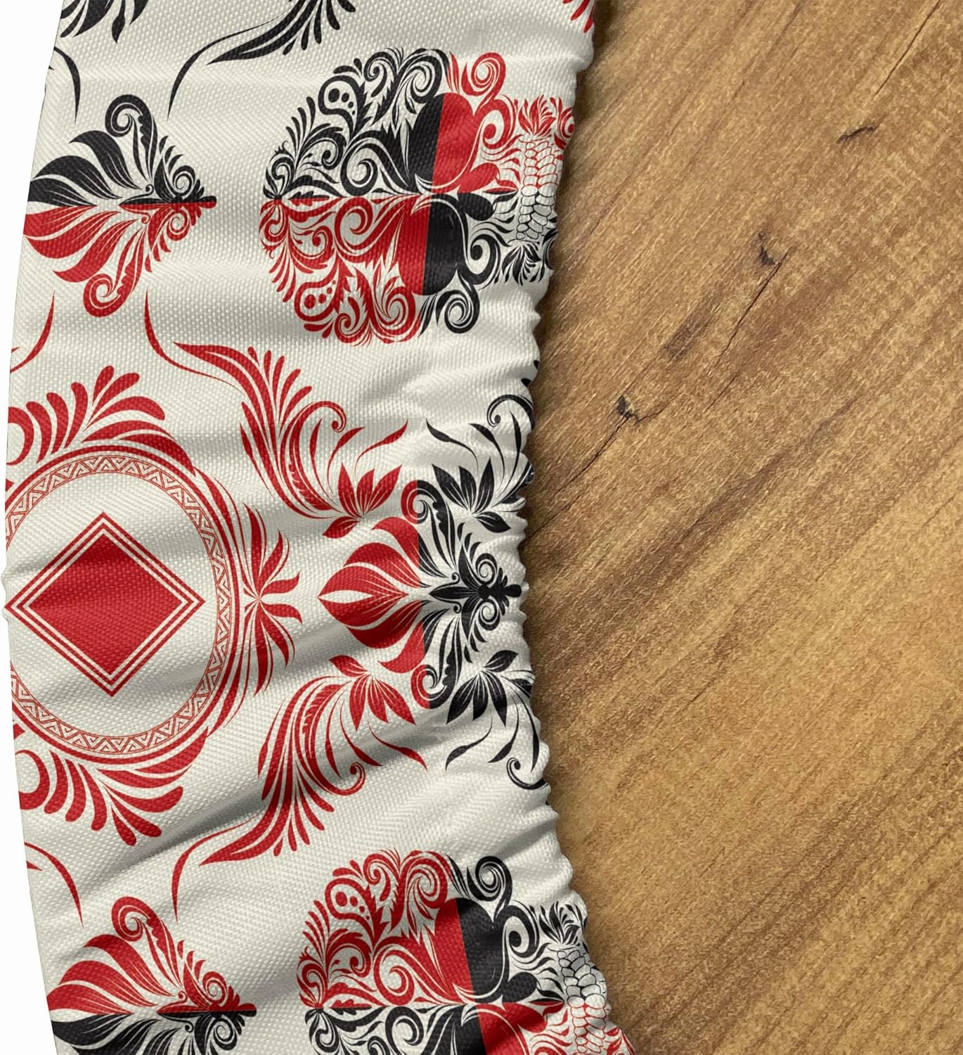 Lunarable Skull Fitted Round Tablecloth, Playing Card Themed Skeleton Head Ace of Spades Diamonds Hearts Victorian, All Around Elastic Fabric Table Cover, 36"- 40" Diameter, Vermilion Black Cream