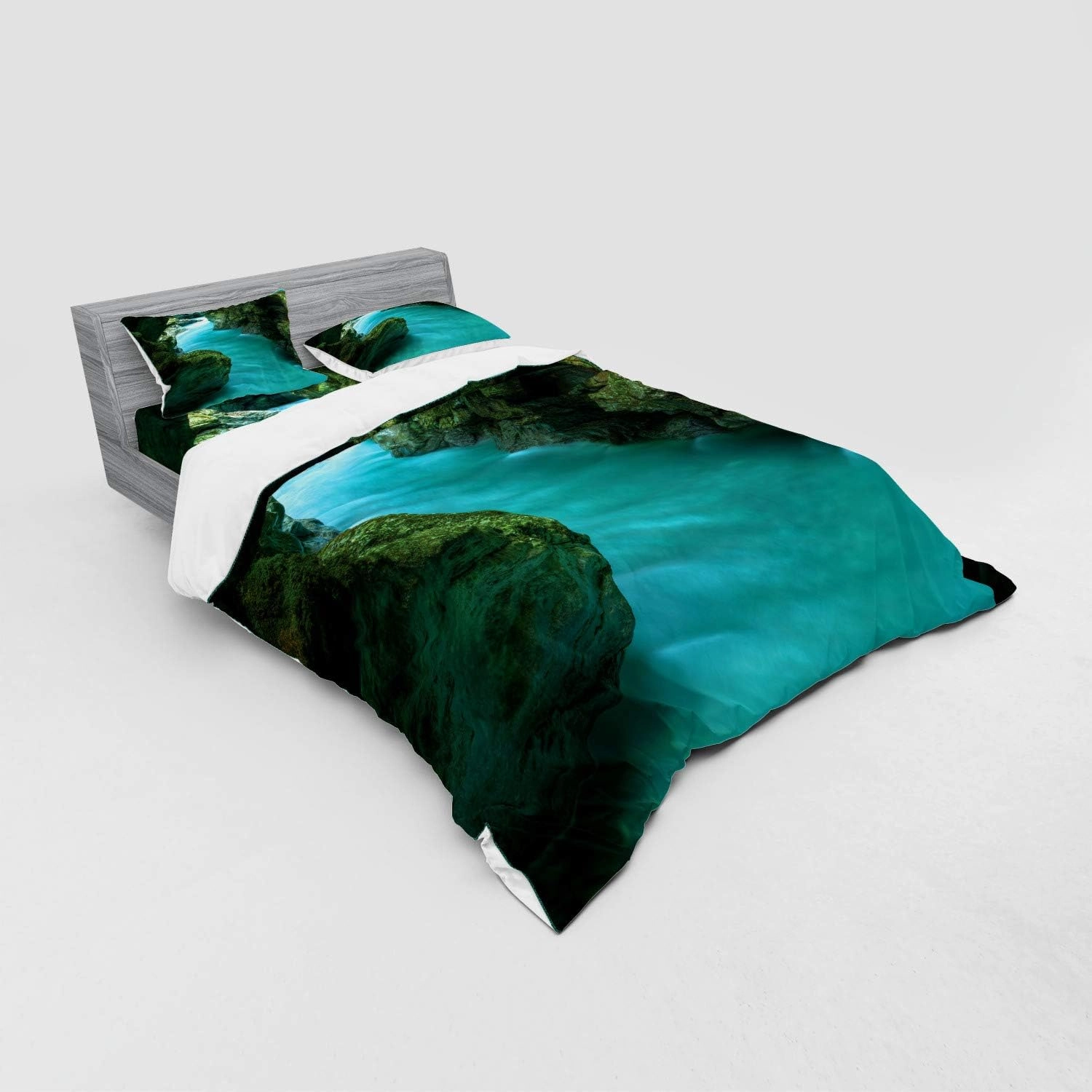 Lunarable Waterfall Bedding Set, Tolminka Alpine River Water and Caves Exotic Nature Travel Picture, 4 Piece Duvet Cover Set with Shams and Fitted Sheet, California King, Turquoise Dark Green