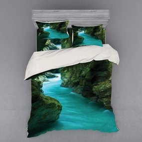 Lunarable Waterfall Bedding Set, Tolminka Alpine River Water and Caves Exotic Nature Travel Picture, 4 Piece Duvet Cover Set with Shams and Fitted Sheet, California King, Turquoise Dark Green