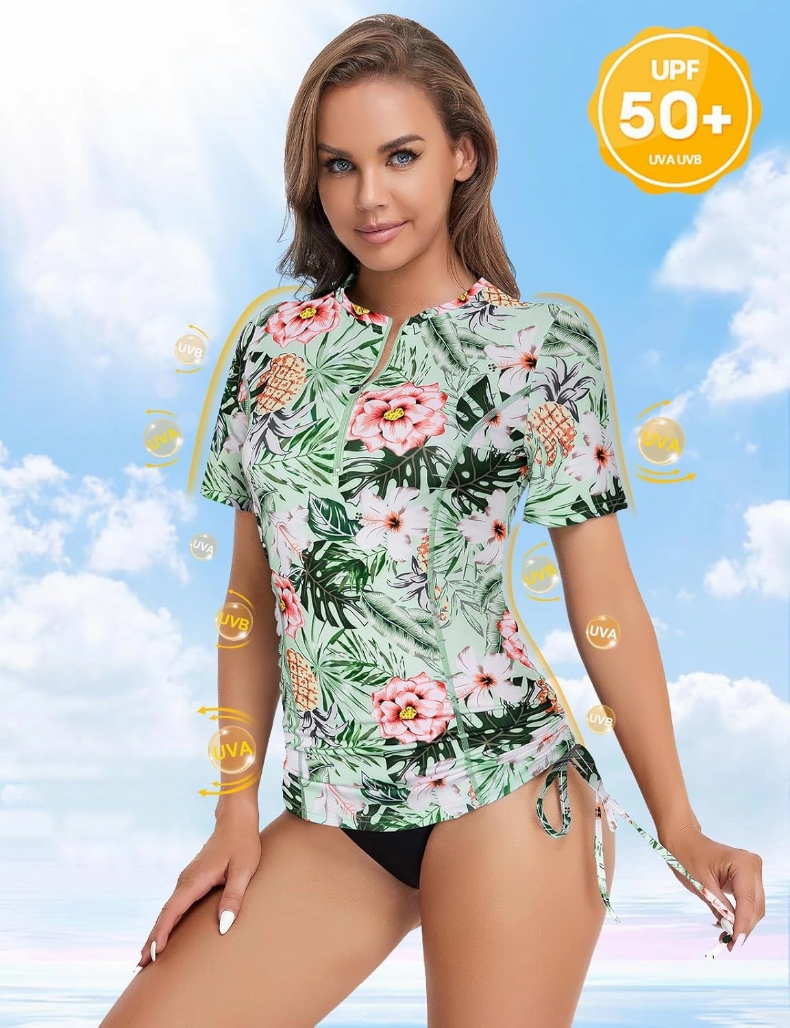 LURANEE Womens Short Sleeve Rash Guard Shirts UPF 50  Side Adjustable Wetsuit Swimsuit Top S-XXL