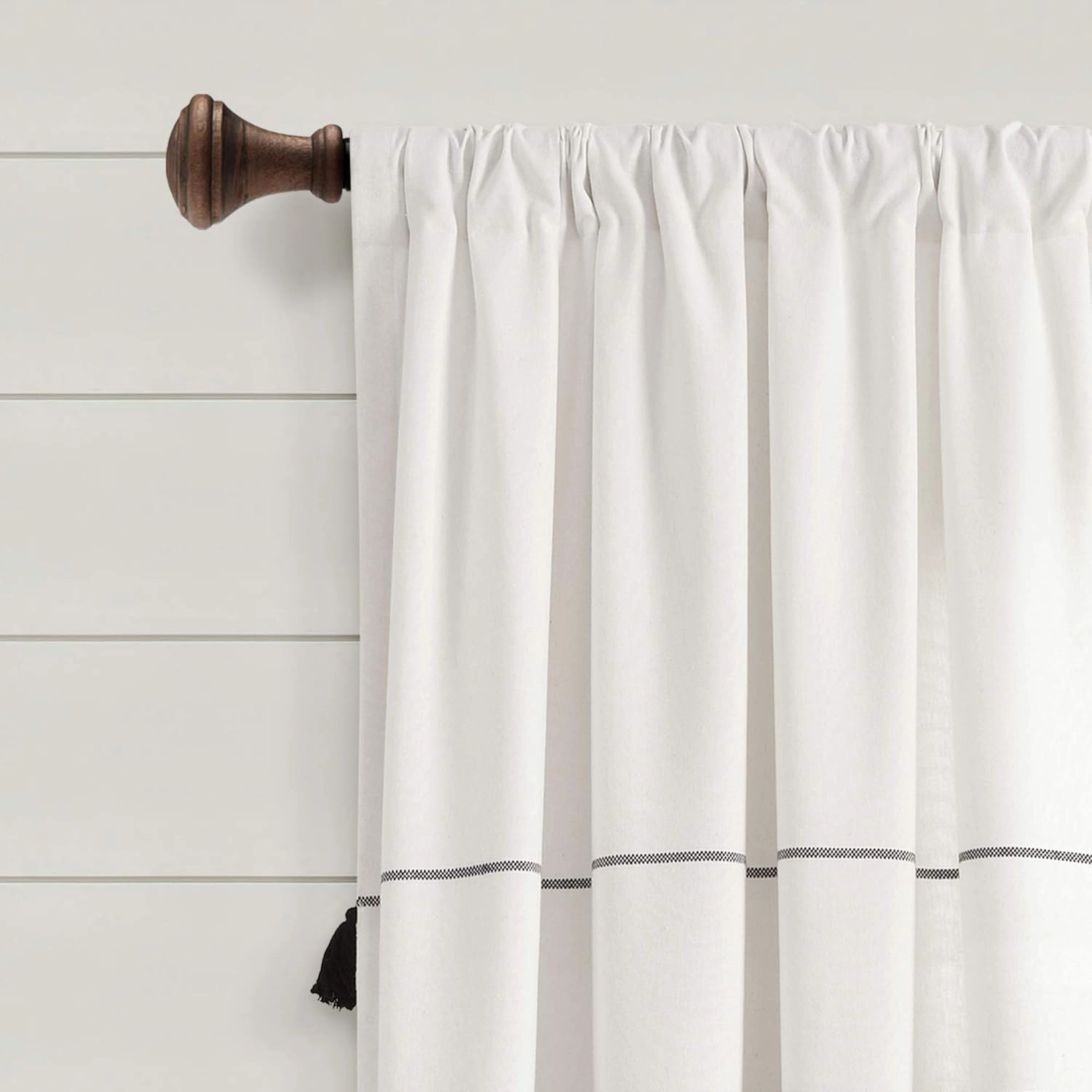 Lush Decor Farmhouse Boho Stripe Woven Tassel Yarn Dyed Cotton Window Curtain Panel Pair, 95" L x 42" W, Ivory & Black