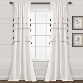 Lush Decor Farmhouse Boho Stripe Woven Tassel Yarn Dyed Cotton Window Curtain Panel Pair, 95" L x 42" W, Ivory & Black
