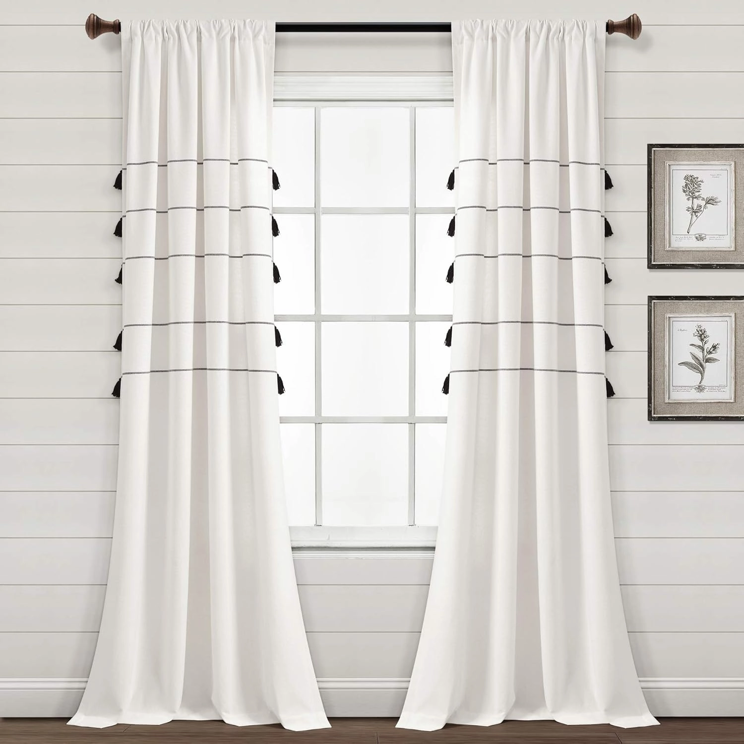 Lush Decor Farmhouse Boho Stripe Woven Tassel Yarn Dyed Cotton Window Curtain Panel Pair, 95" L x 42" W, Ivory & Black