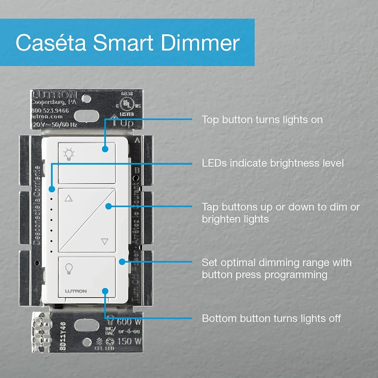 Lutron Caseta 3 Way Smart Dimmer Switch Kit, w/ Wireless 3 way Pico Remote and Bracket, Light Switch for LED Lights, No Neutral Required, P-PKG1WB-WH