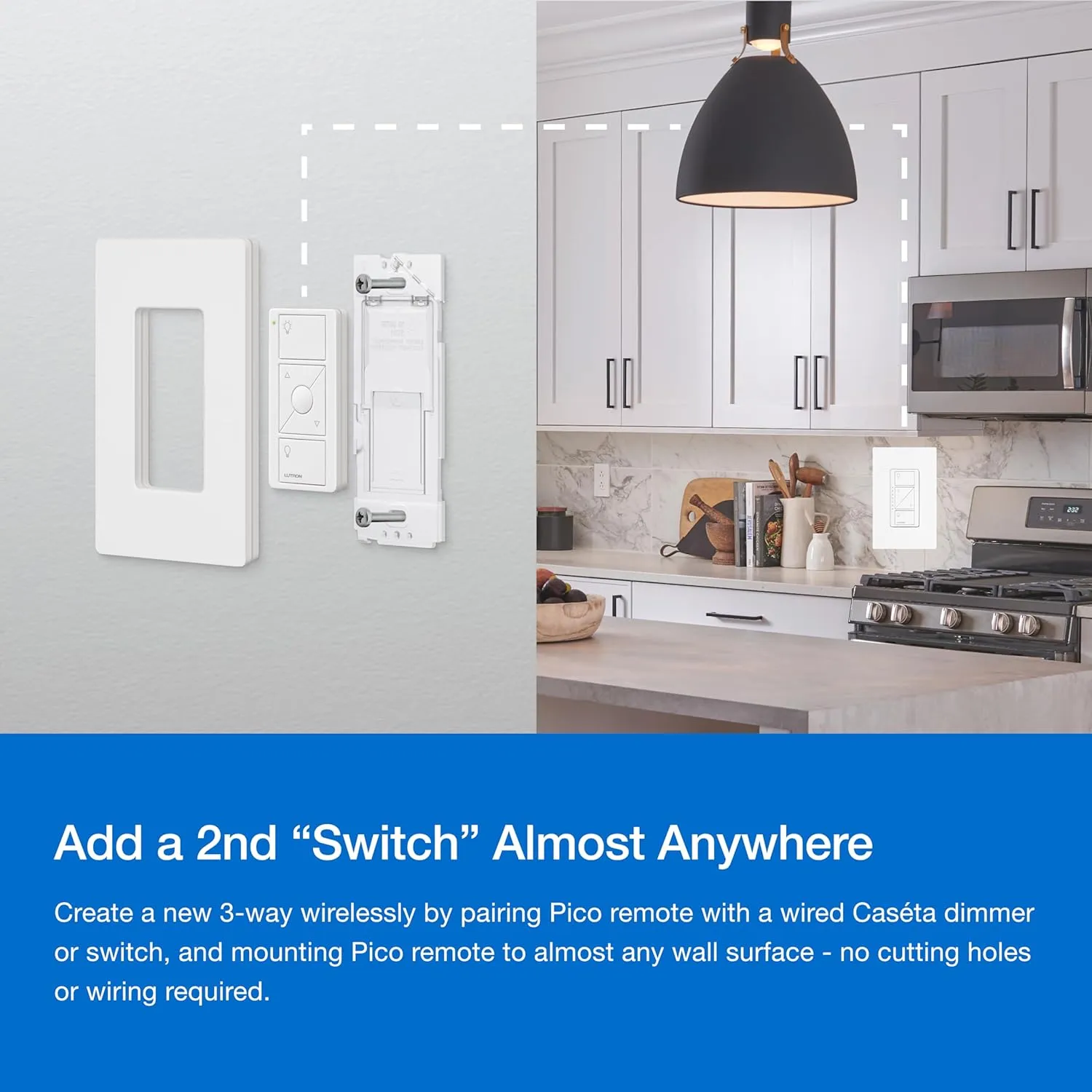 Lutron Caseta 3 Way Smart Dimmer Switch Kit, w/ Wireless 3 way Pico Remote and Bracket, Light Switch for LED Lights, No Neutral Required, P-PKG1WB-WH