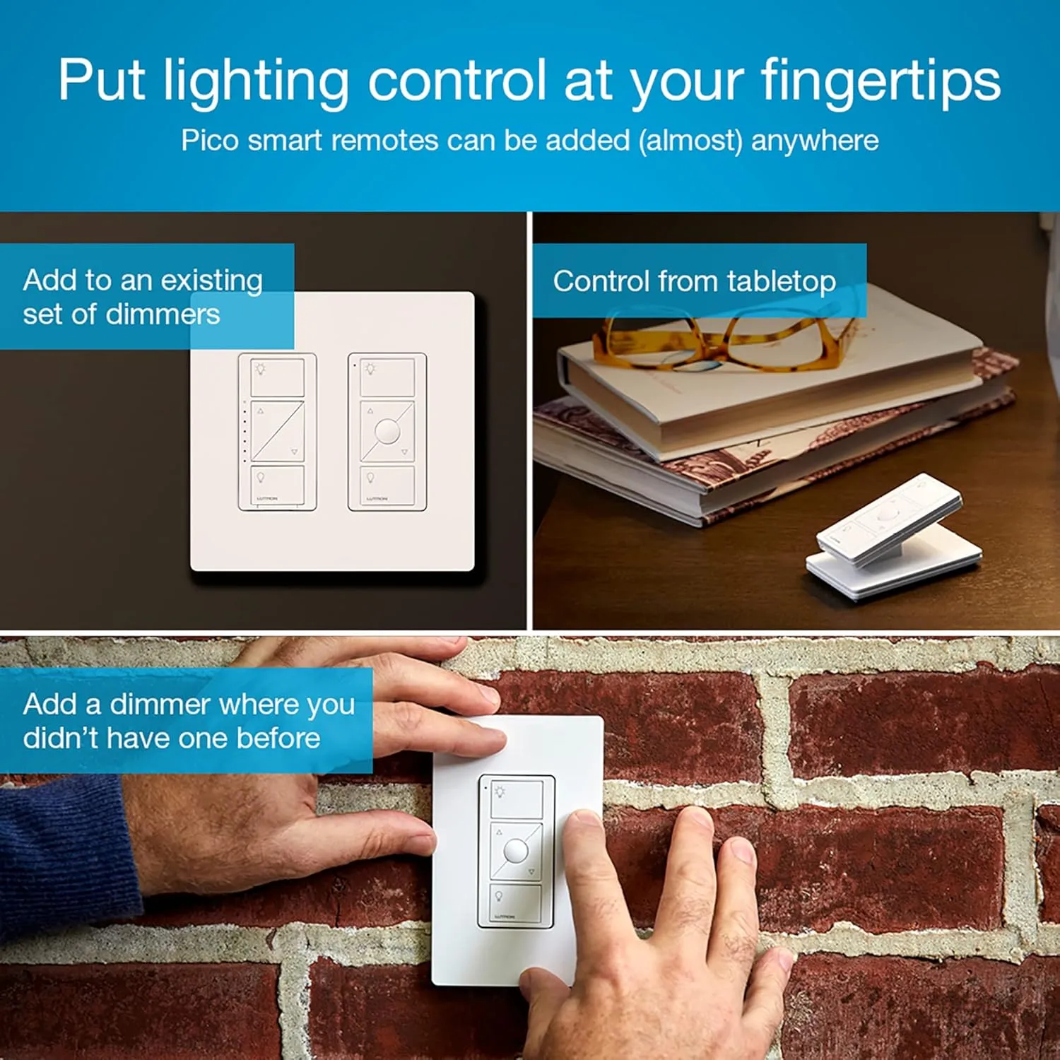 Lutron Caseta 3 Way Smart Dimmer Switch Kit, w/ Wireless 3 way Pico Remote and Bracket, Light Switch for LED Lights, No Neutral Required, P-PKG1WB-WH