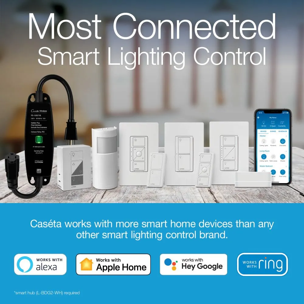 Lutron Caseta Smart Lamp Dimmer Switch (Lutron Smart Hub Required) for Floor and Table Lamps, for Dimmable LED Lights, up to 100 Watt, PD-3PCL-WH, White