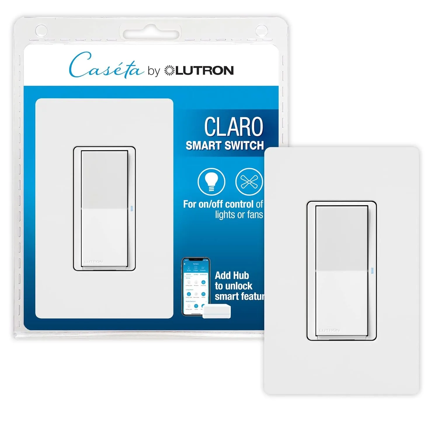 Lutron Claro Smart Switch w/ Wall Plate for Caseta Smart Lighting (Lutron Smart Hub Required), for LED Lights and Fans, 5 Amp, Single-Pole/3-Way, Neutral Required, DVRFW-5NS-WH-A, White