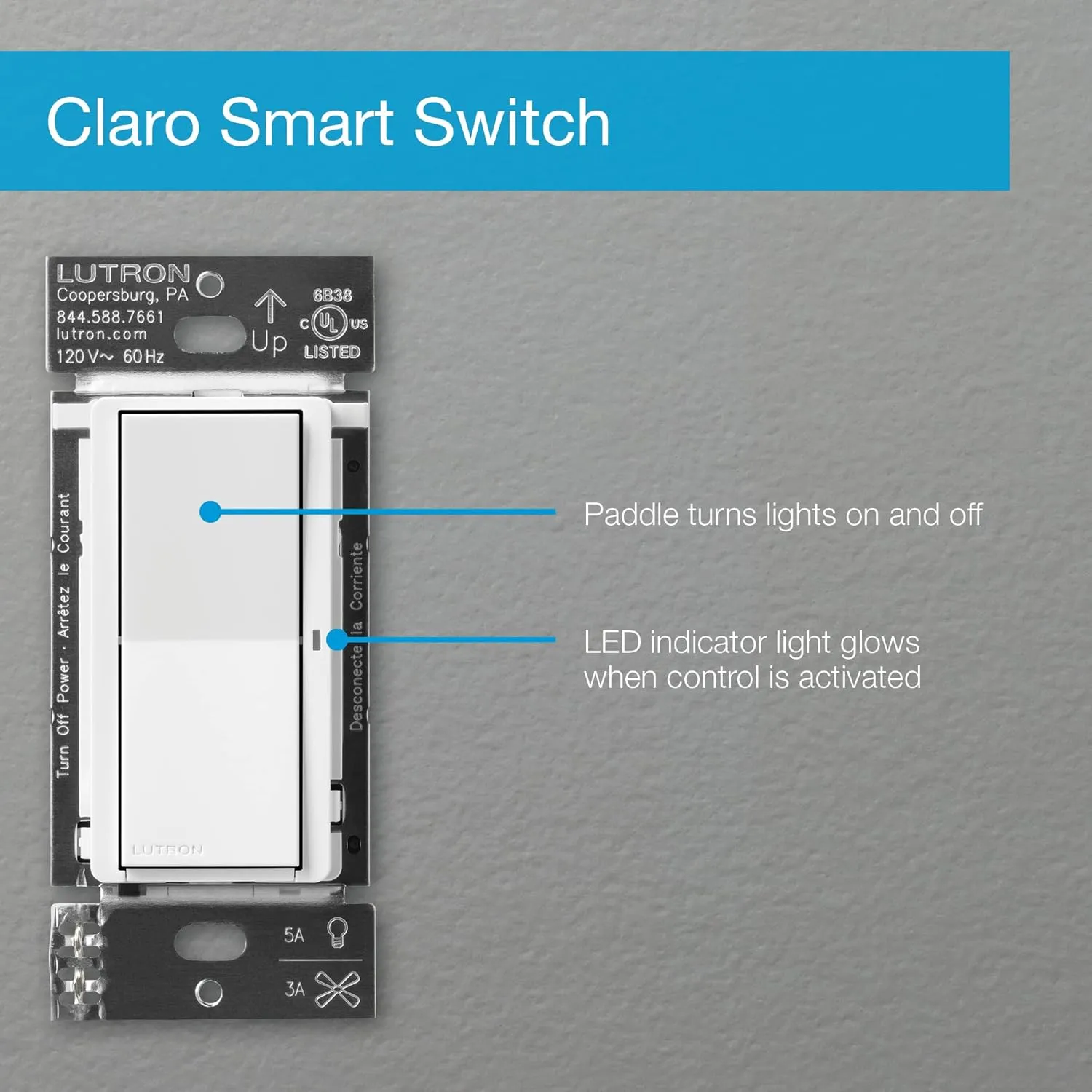 Lutron Claro Smart Switch w/ Wall Plate for Caseta Smart Lighting (Lutron Smart Hub Required), for LED Lights and Fans, 5 Amp, Single-Pole/3-Way, Neutral Required, DVRFW-5NS-WH-A, White