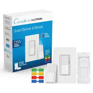 Lutron Diva Smart Dimmer Switch 3-Way Kit for Caseta Smart Lighting, w/Wall Plate, Pico Paddle Remote, Wallmount Bracket, and Label Stickers, 150 Watt, No Neutral Required, DVRF-PKG1D-WH