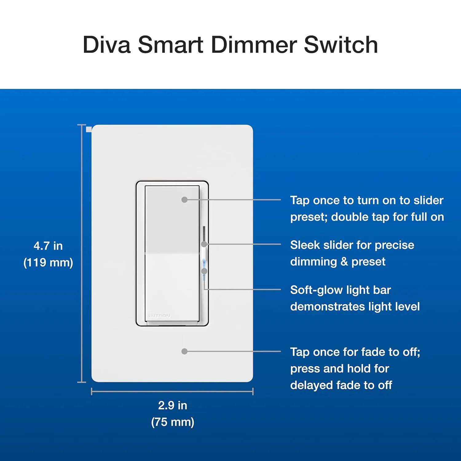 Lutron Diva Smart Dimmer Switch 3-Way Kit for Caseta Smart Lighting, w/Wall Plate, Pico Paddle Remote, Wallmount Bracket, and Label Stickers, 150 Watt, No Neutral Required, DVRF-PKG1D-WH