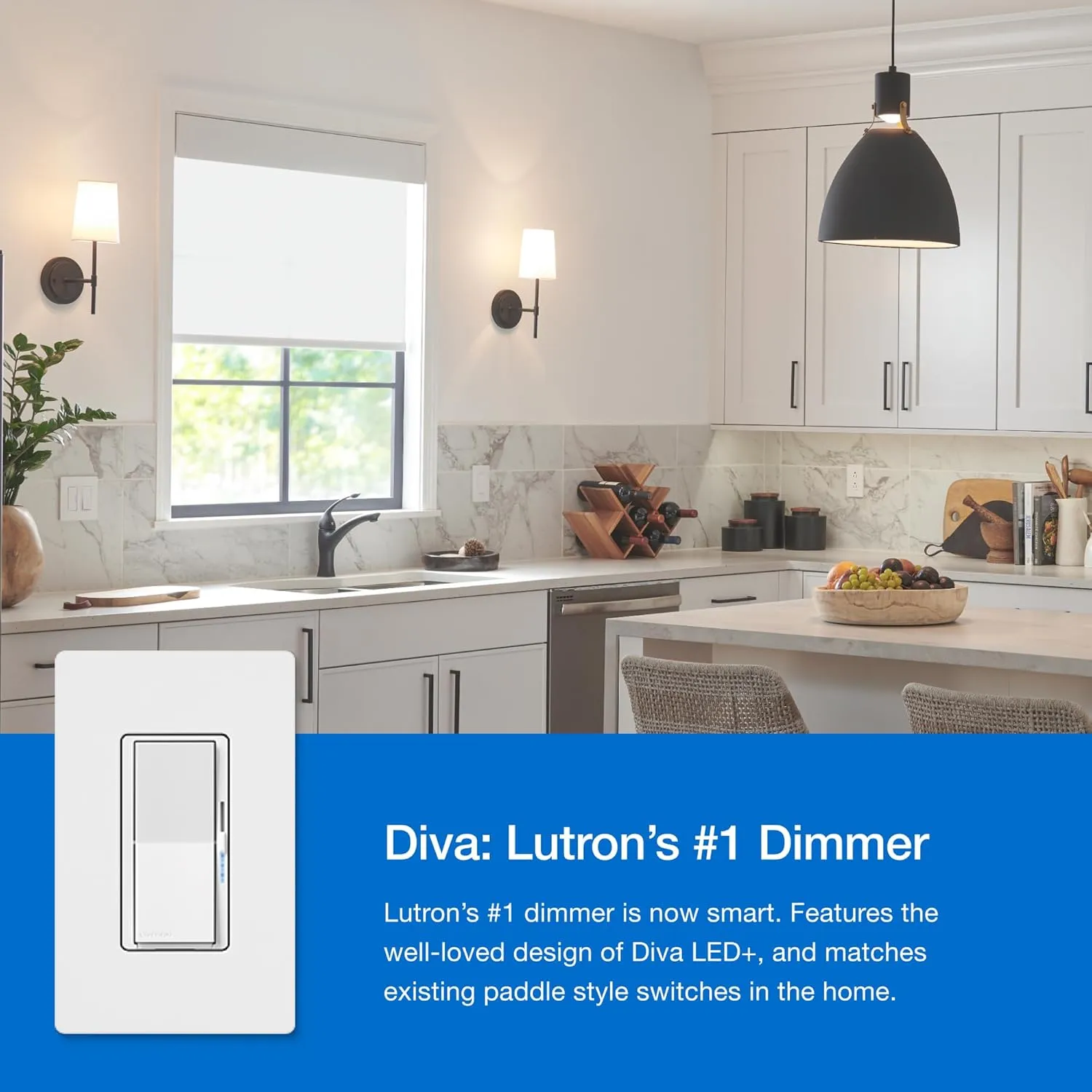 Lutron Diva Smart Dimmer Switch 3-Way Kit for Caseta Smart Lighting, w/Wall Plate, Pico Paddle Remote, Wallmount Bracket, and Label Stickers, 150 Watt, No Neutral Required, DVRF-PKG1D-WH
