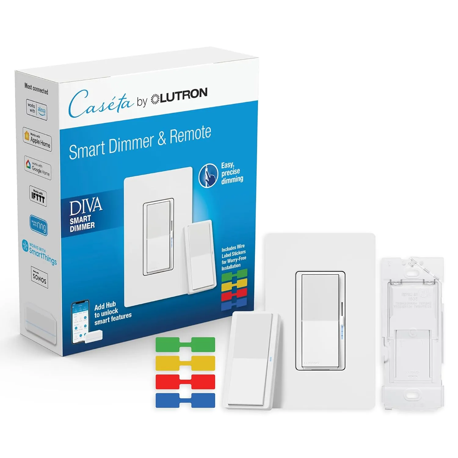 Lutron Diva Smart Dimmer Switch 3-Way Kit for Caseta Smart Lighting, w/Wall Plate, Pico Paddle Remote, Wallmount Bracket, and Label Stickers, 150 Watt, No Neutral Required, DVRF-PKG1D-WH