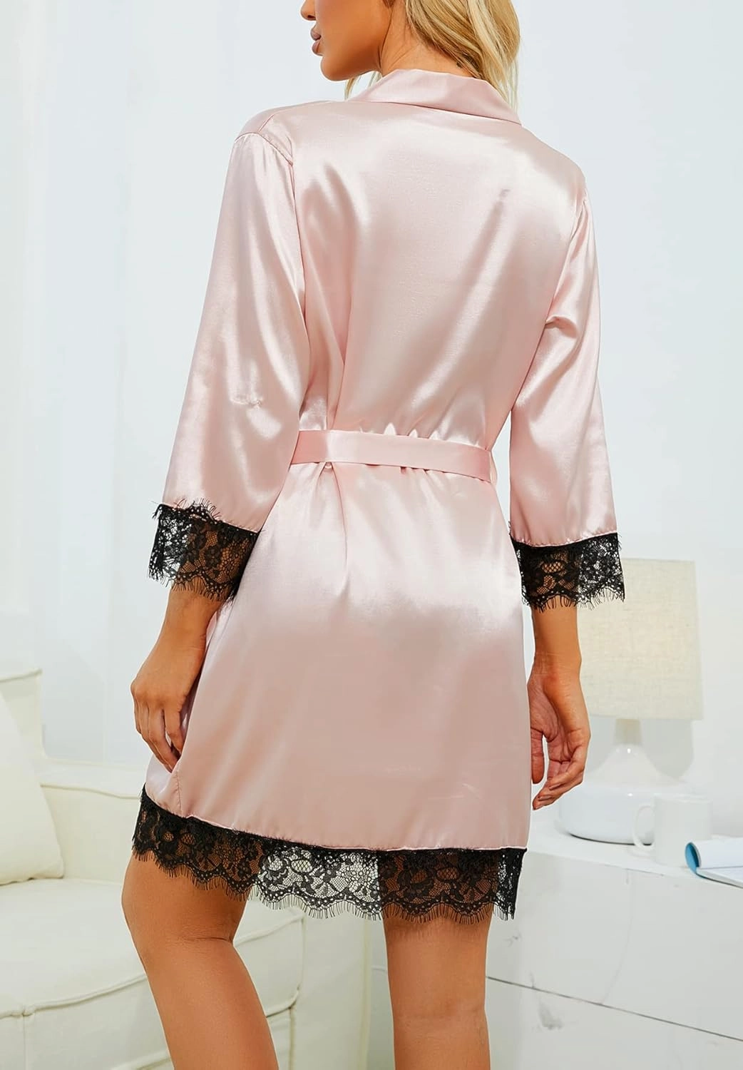 LYANER Women's 4pcs Sleepwear Satin Floral Lace Trim Cami Pajama Set with Robe