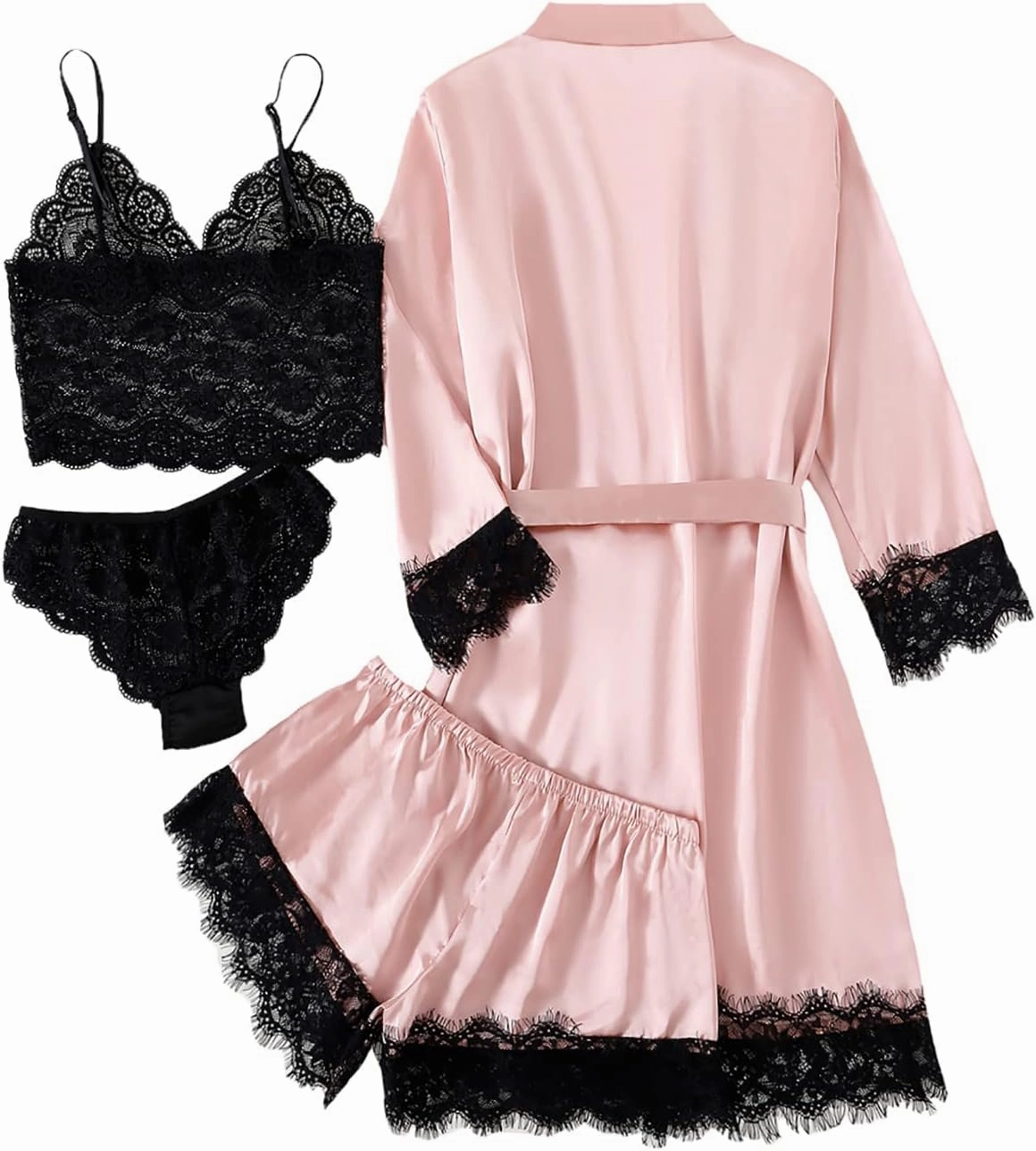 LYANER Women's 4pcs Sleepwear Satin Floral Lace Trim Cami Pajama Set with Robe