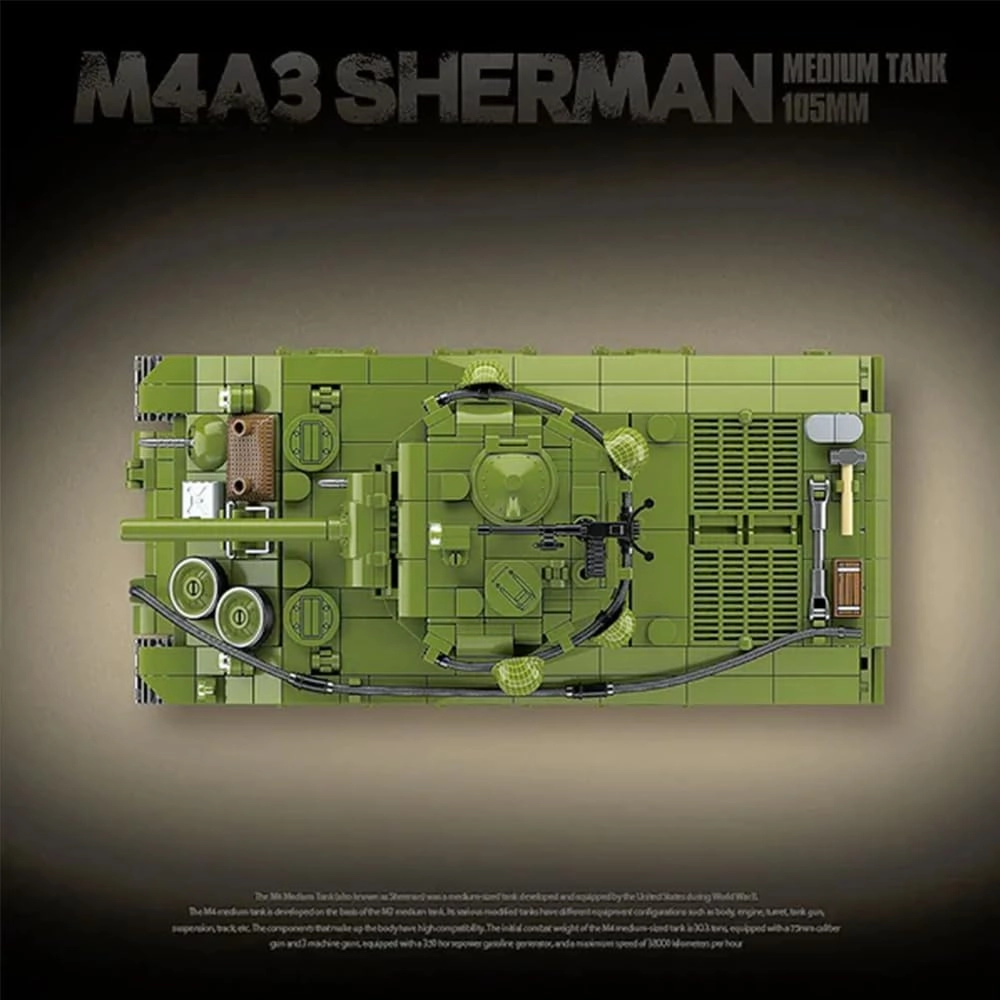 M4A3 Sherman Medium Tank Toys Building Kit,WW2 Military Historical Collection Model,Creative Roleplay Collectible Toys Gift for Adult(1175 Pcs)