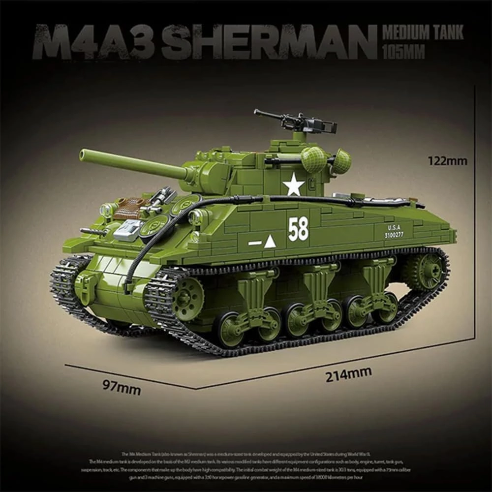 M4A3 Sherman Medium Tank Toys Building Kit,WW2 Military Historical Collection Model,Creative Roleplay Collectible Toys Gift for Adult(1175 Pcs)
