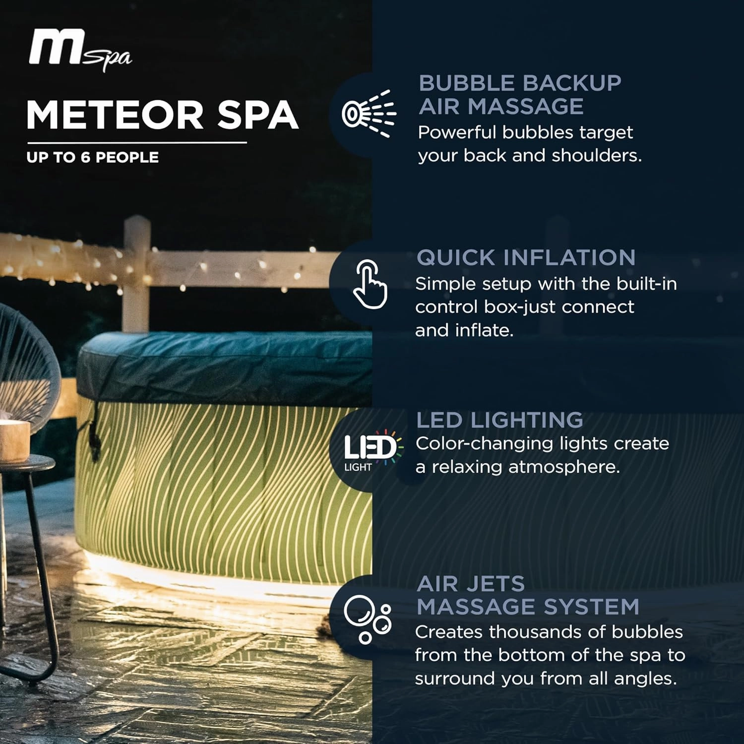 M Spa Round Inflatable Bubble Massage Spa, 4 to 6 Person Outdoor Hot Tub with LED Lights, Meteor