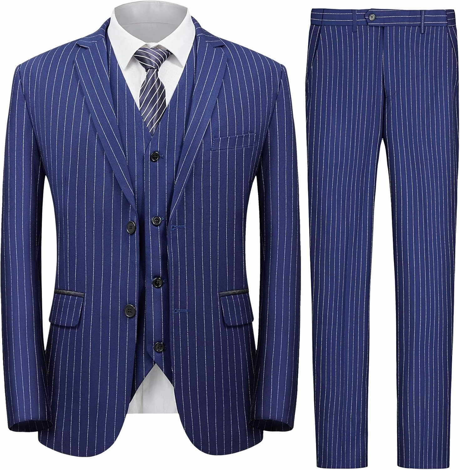 MAGE MALE Men’s Pinstripe 3 Piece Suit Slim Fit Elegant Single Breasted Business Wedding Party Blazer Vest& Pants Set