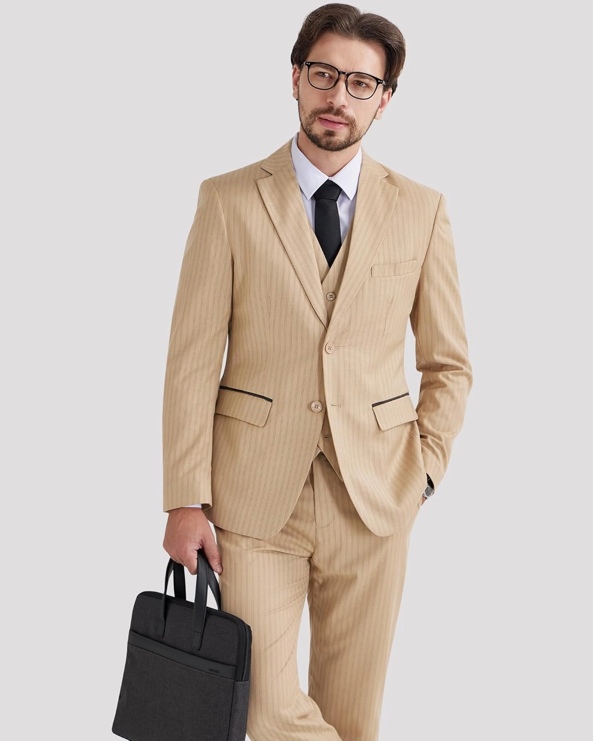 MAGE MALE Men’s Pinstripe 3 Piece Suit Slim Fit Elegant Single Breasted Business Wedding Party Blazer Vest& Pants Set