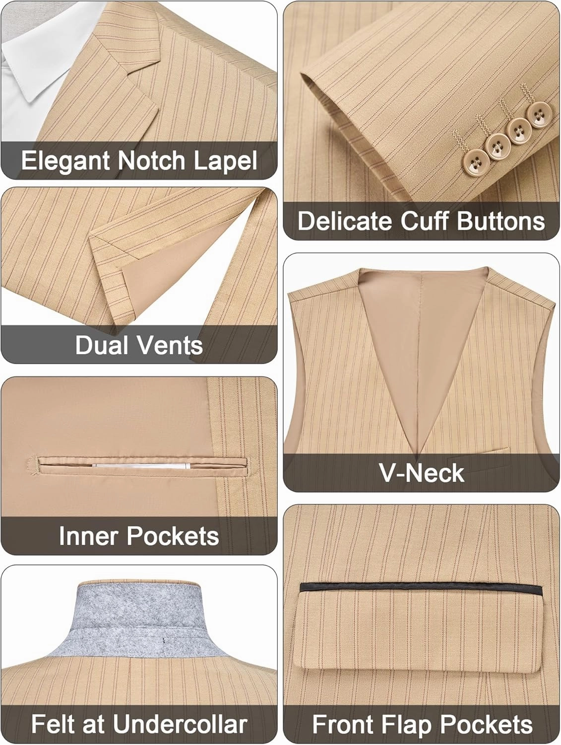 MAGE MALE Men’s Pinstripe 3 Piece Suit Slim Fit Elegant Single Breasted Business Wedding Party Blazer Vest& Pants Set