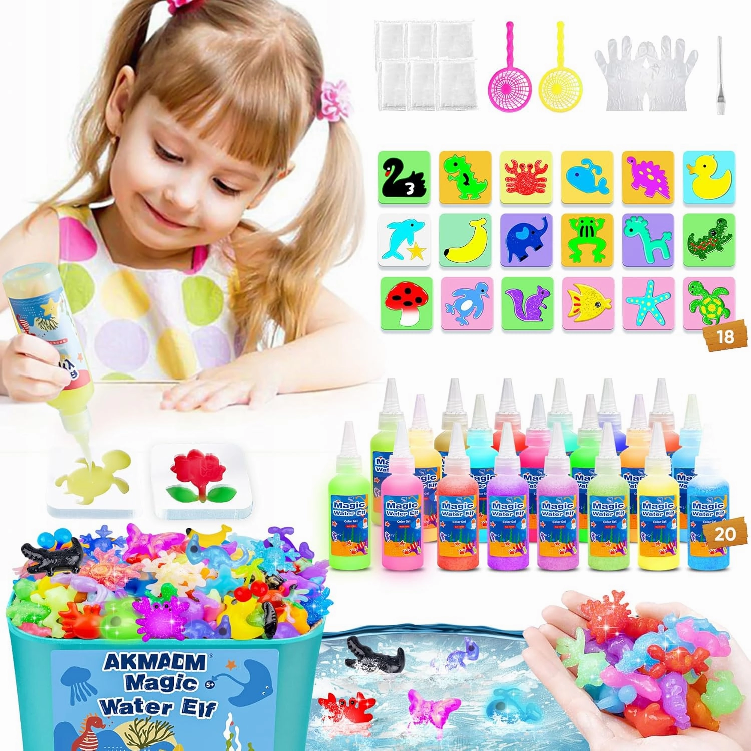 Magic Water Elf Toy Kit for Kids - Aqua Fairy Water Gel Kit - 20 Colors*60ml Squishy Maker Set - 18 Shape Molds - Arts & Crafts Water Elf Creation kit - Children's DIY Marine Life (20 Colors)