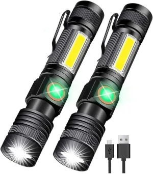 Magnetic LED Flashlight, USB rechargeable flashlight, portable with magnetic zoom,Super Bright LED Tactical Flashlight with Cob Sidelight, Waterproof, Zoomable Best Flashlight for Camping, Emergency(2