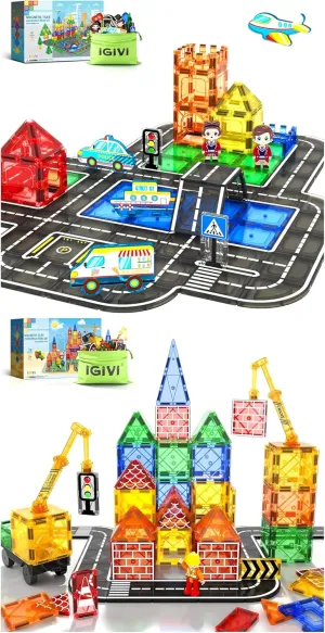 Magnetic Tiles Road Set with Magnet Crane Car Toys and 4 Vehicles,Magnetic Blocks Building Toys for Kids, STEM Construction Toys for Toddlers