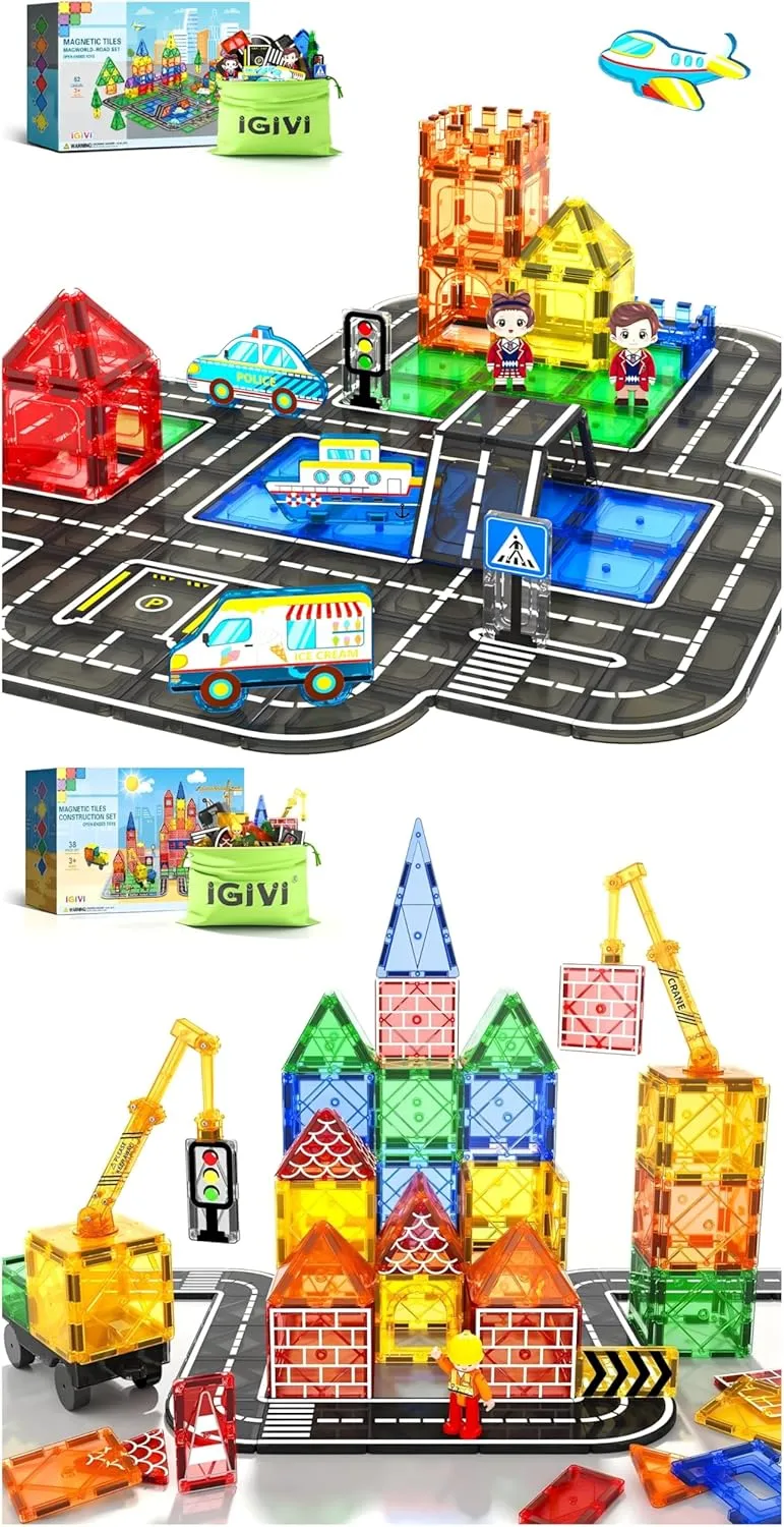 Magnetic Tiles Road Set with Magnet Crane Car Toys and 4 Vehicles,Magnetic Blocks Building Toys for Kids, STEM Construction Toys for Toddlers