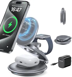 Magnetic Wireless Charger for iPhone - 3 in 1 Mag-Safe Charging Station for Multiple Devices Apple - Foldable Travel Charging Stand Dock for Apple Watch & iPhone 15 14 13 12 Pro Max Plus & Airpod