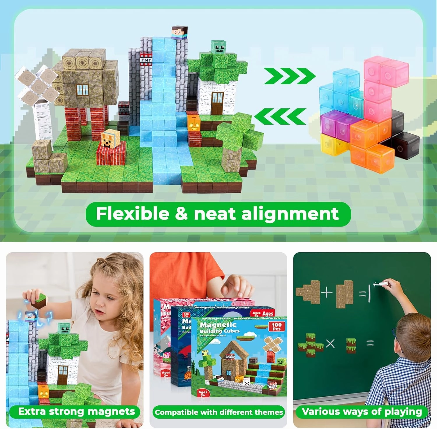 Magnetic Blocks-100PCS Magnetic Building Blocks Magnet Cube Toys Stacking, Build Forest World Set, STEM Montessori Sensory Toys for Kids Boys Girls Age 3 4 5 6 7 8 9 10 Easter Birthday Gifts