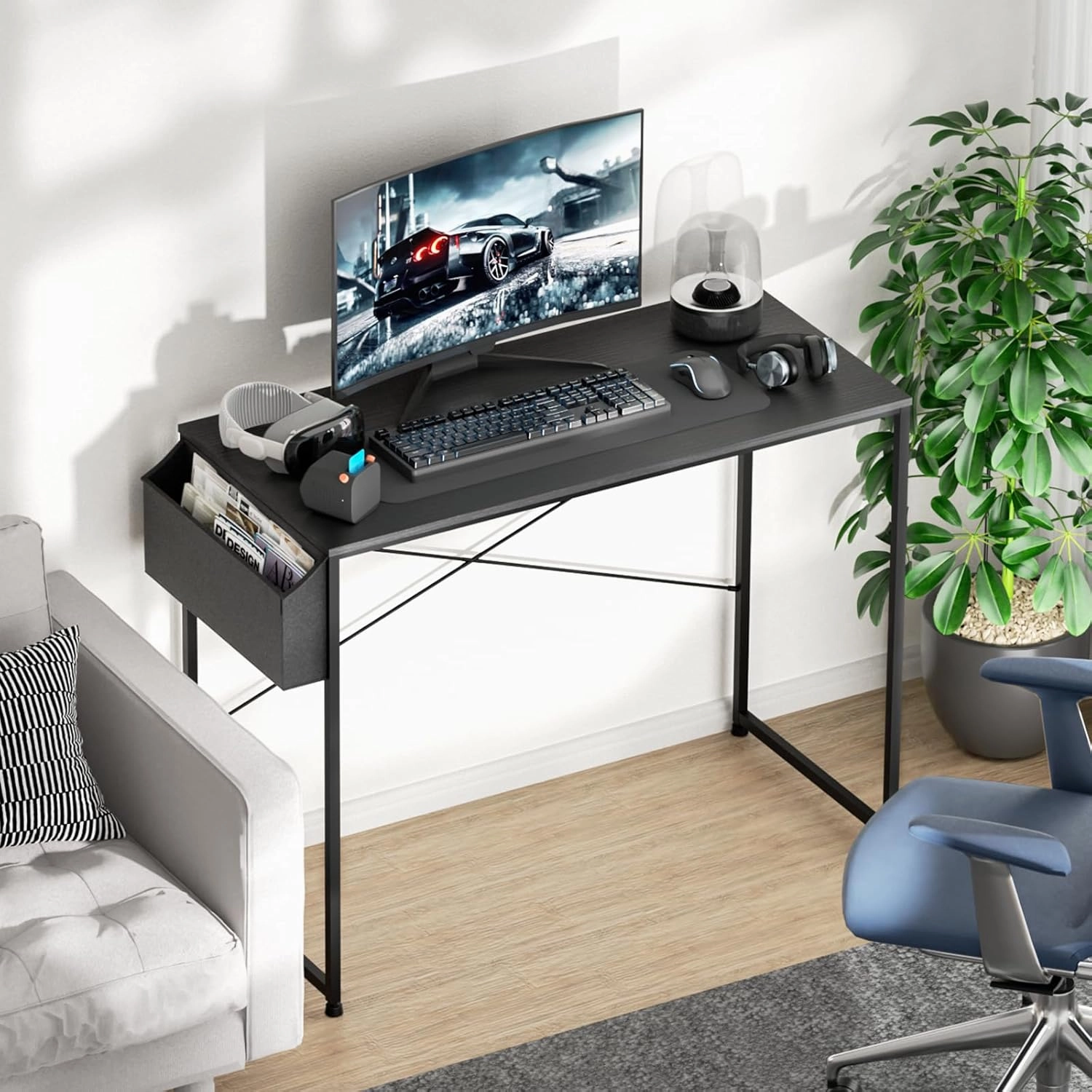 Magshion 40-Inch Computer Desk, Home Office Writing Study Desk with Storage Bag, Modern Simple Laptop Table, Black