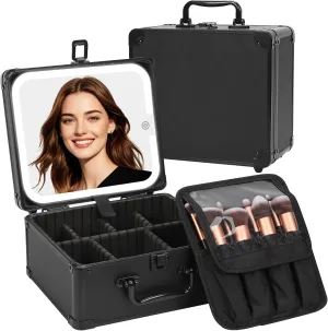 Makeup Box with LED Mirror, Makeup Bag Gifts for Women and Girls Cosmetic Organizer Case Waterproof Travel Make up Train Case with Detachable Light up Mirror& Adjustable Dividers, Cosmetic Bag