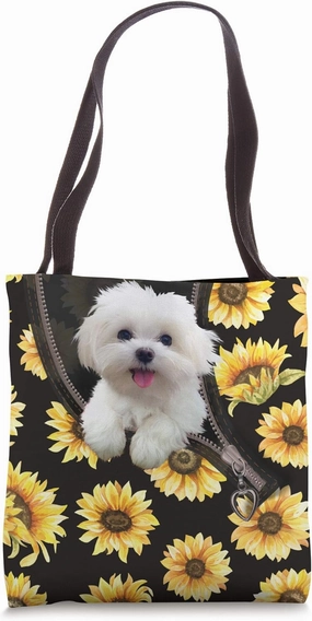 Maltese Dog Sunflower Tote Bag