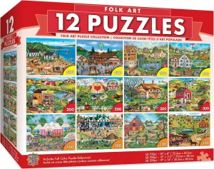 MasterPieces – Jigsaw Puzzle 12-Pack Bundle Set, Fun for Adults and Family, Folk Art Collection, (4) Round 100 Piece, (4) 300 Piece, (4) 500 Pieces