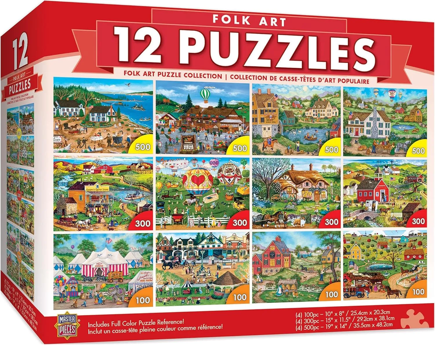 MasterPieces – Jigsaw Puzzle 12-Pack Bundle Set, Fun for Adults and Family, Folk Art Collection, (4) Round 100 Piece, (4) 300 Piece, (4) 500 Pieces