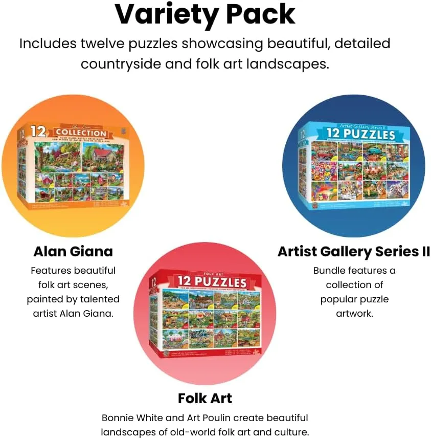 MasterPieces – Jigsaw Puzzle 12-Pack Bundle Set, Fun for Adults and Family, Folk Art Collection, (4) Round 100 Piece, (4) 300 Piece, (4) 500 Pieces