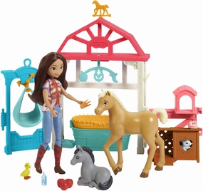 Mattel Spirit Doll & Playset, Lucky’s Foal Nursery with Lucky Doll (7-inch), 4 Animal Figures, Caretaking Area & Accessories Including Scale, Mobile & Hoof-Activated Cradle