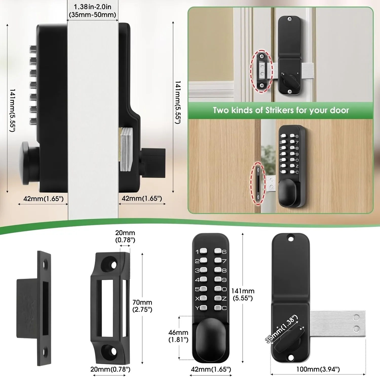 Mechanical Keyless Door Lock with Handle, Keypad Front Door Lever Set with Bolt, Code Door Locks with Keypad,Gate Lock for Warehouse,Single-Side, No Electronic (Matte. Black)